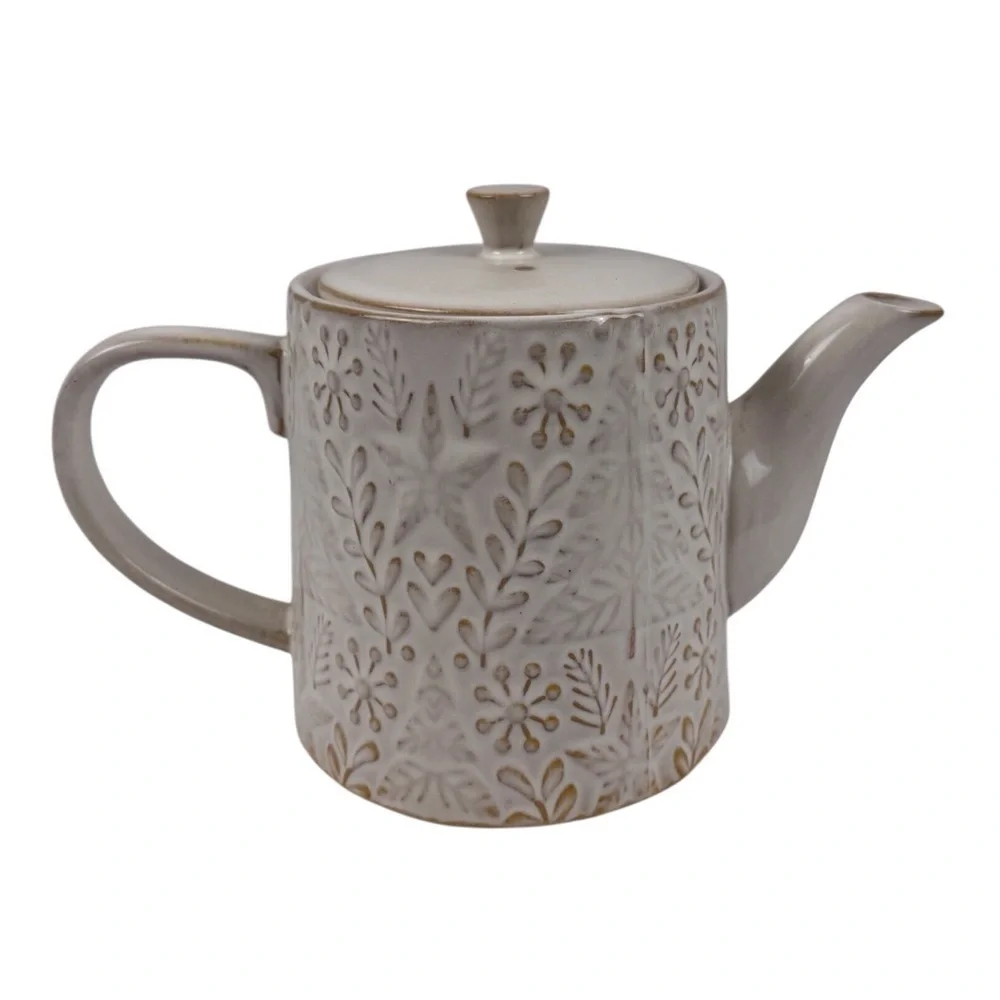 World Market Holiday Teapot Cream Reactive Glaze Embossed Ceramic NWT